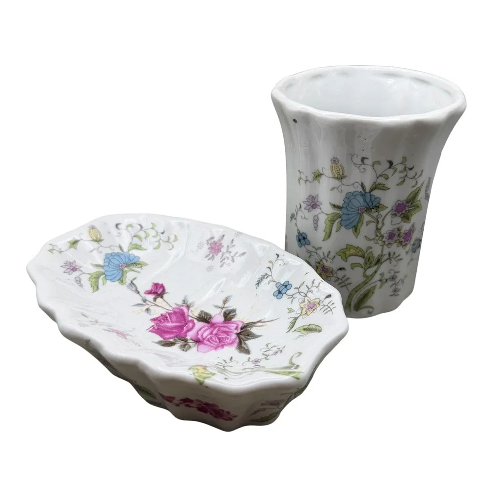 Vintage Floral Ceramic Soap Dish and Tumbler Set Pink Roses Blue Flowers 2pc